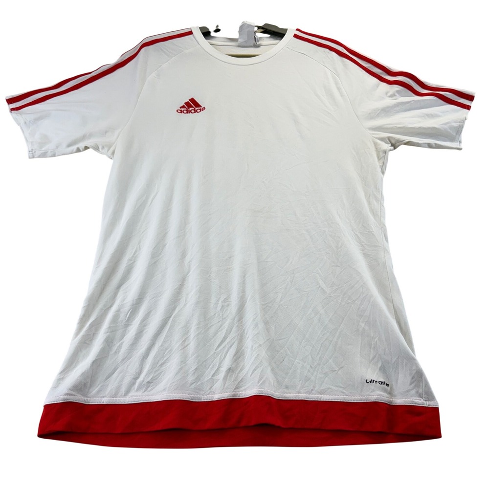 Adidas Shirt Mens M White Climalite Soccer Jersey Short Sleeve 3-Stripe Active